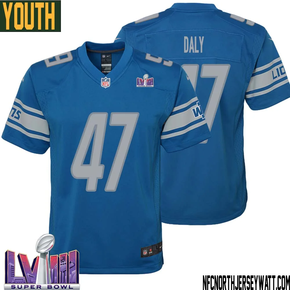 Scott Daly No 47 Youth Blue Detroit Lions Player Super Bowl LVIII Home Game Jersey