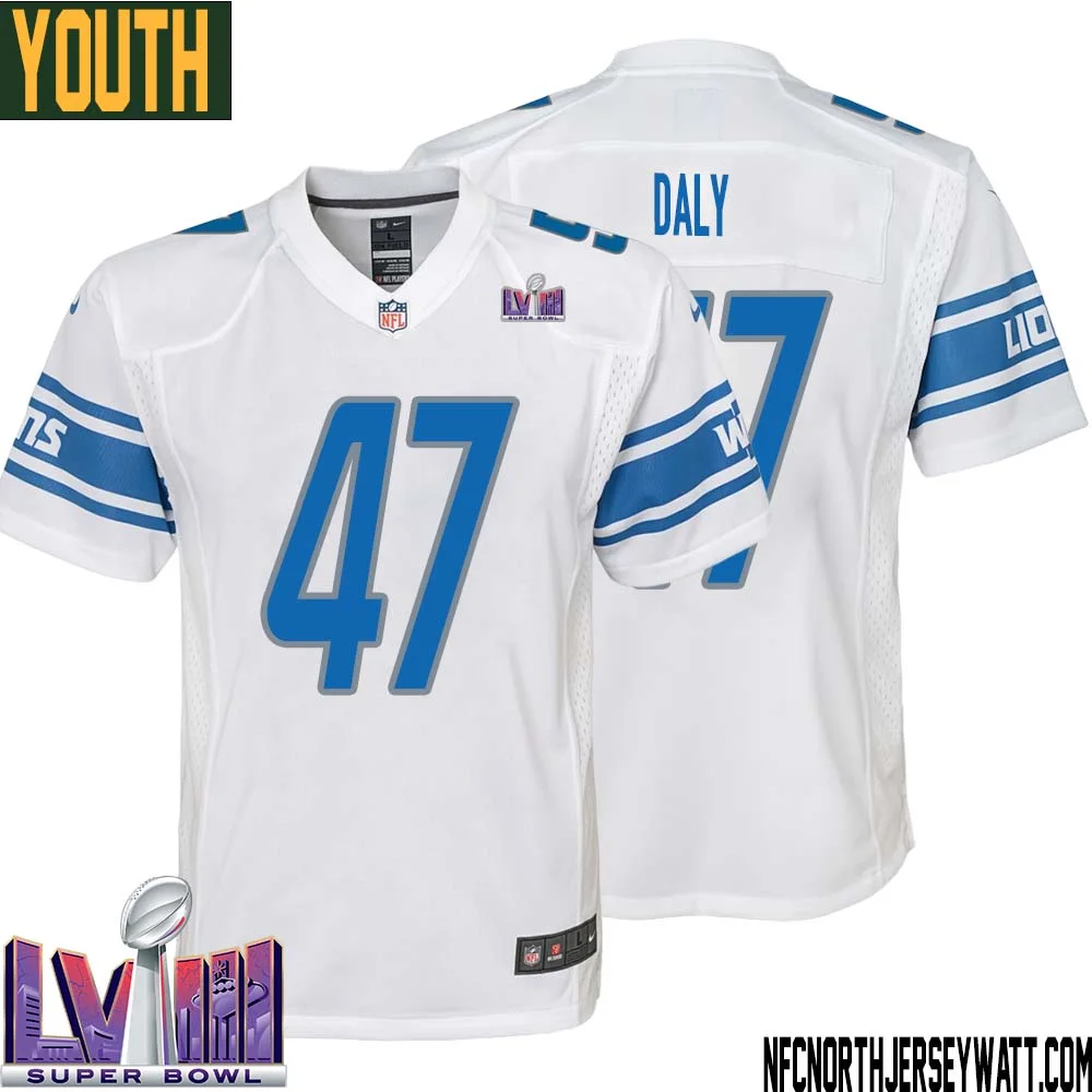 Scott Daly No 47 Youth White Detroit Lions Player Super Bowl LVIII Away Game Jersey 1
