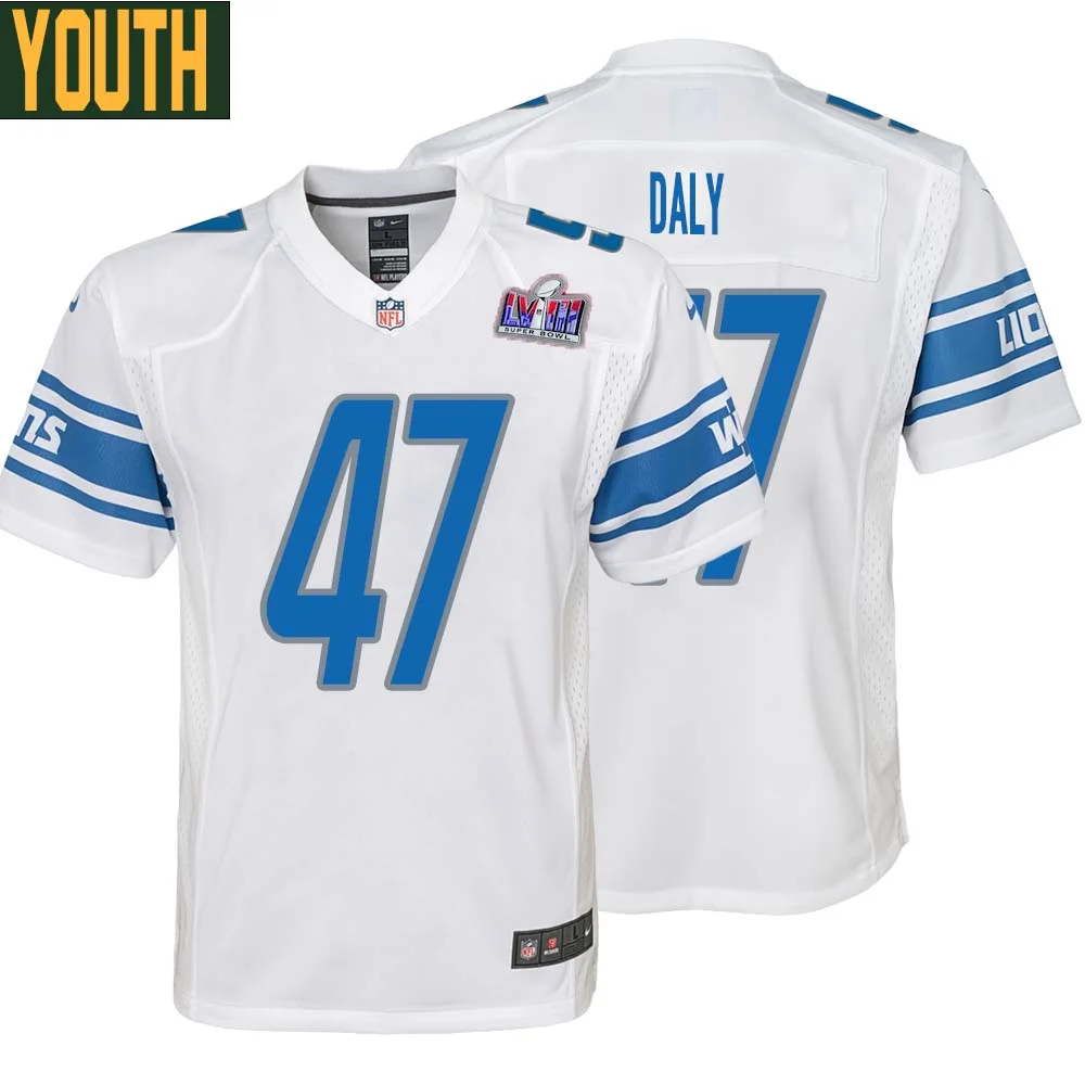 Scott Daly No 47 Youths Custom White Detroit Lions Super Bowl LVIII Away Game Jersey