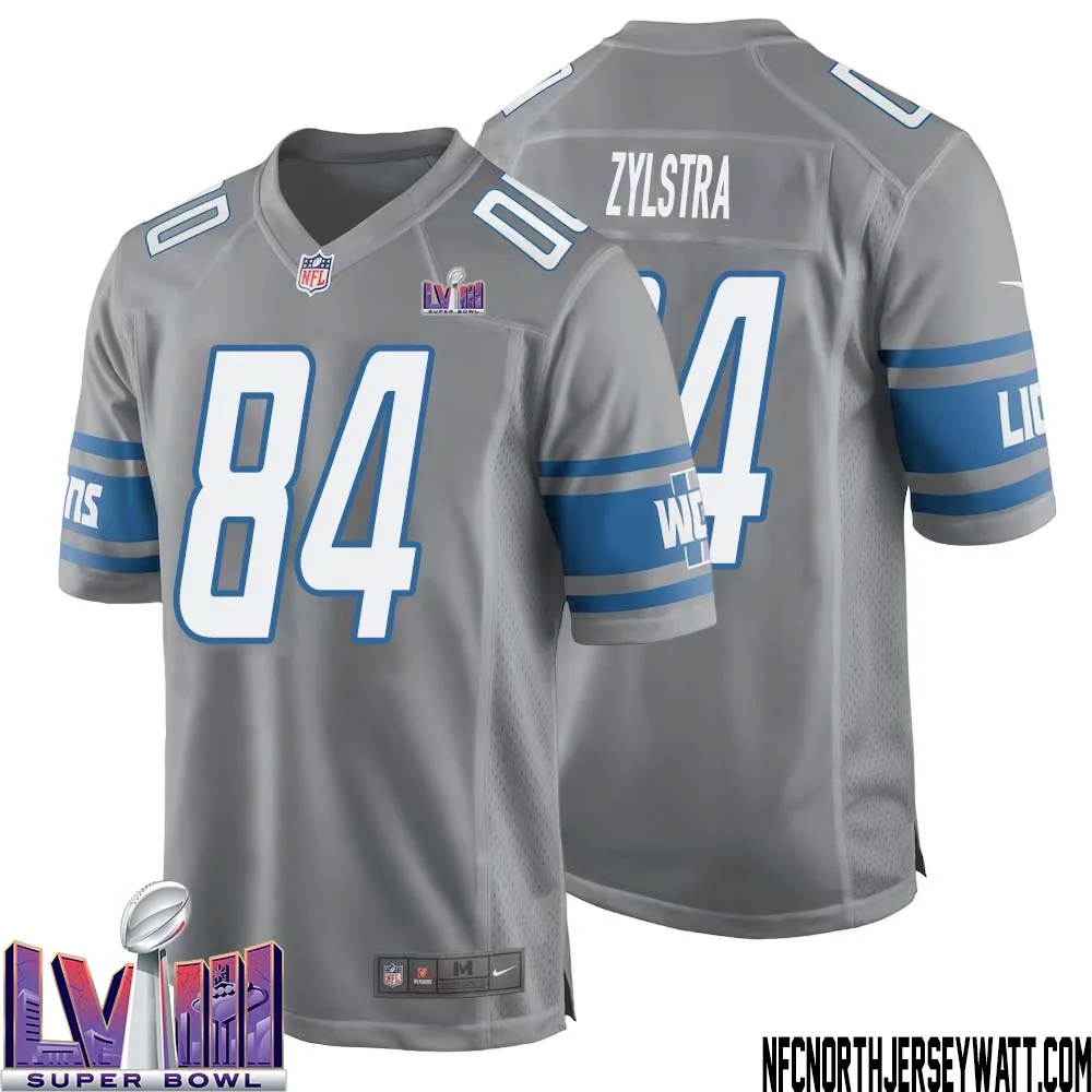 Shane Zylstra No 84 Men Grey Detroit Lions Player Super Bowl LVIII Alternate Game Jersey 1