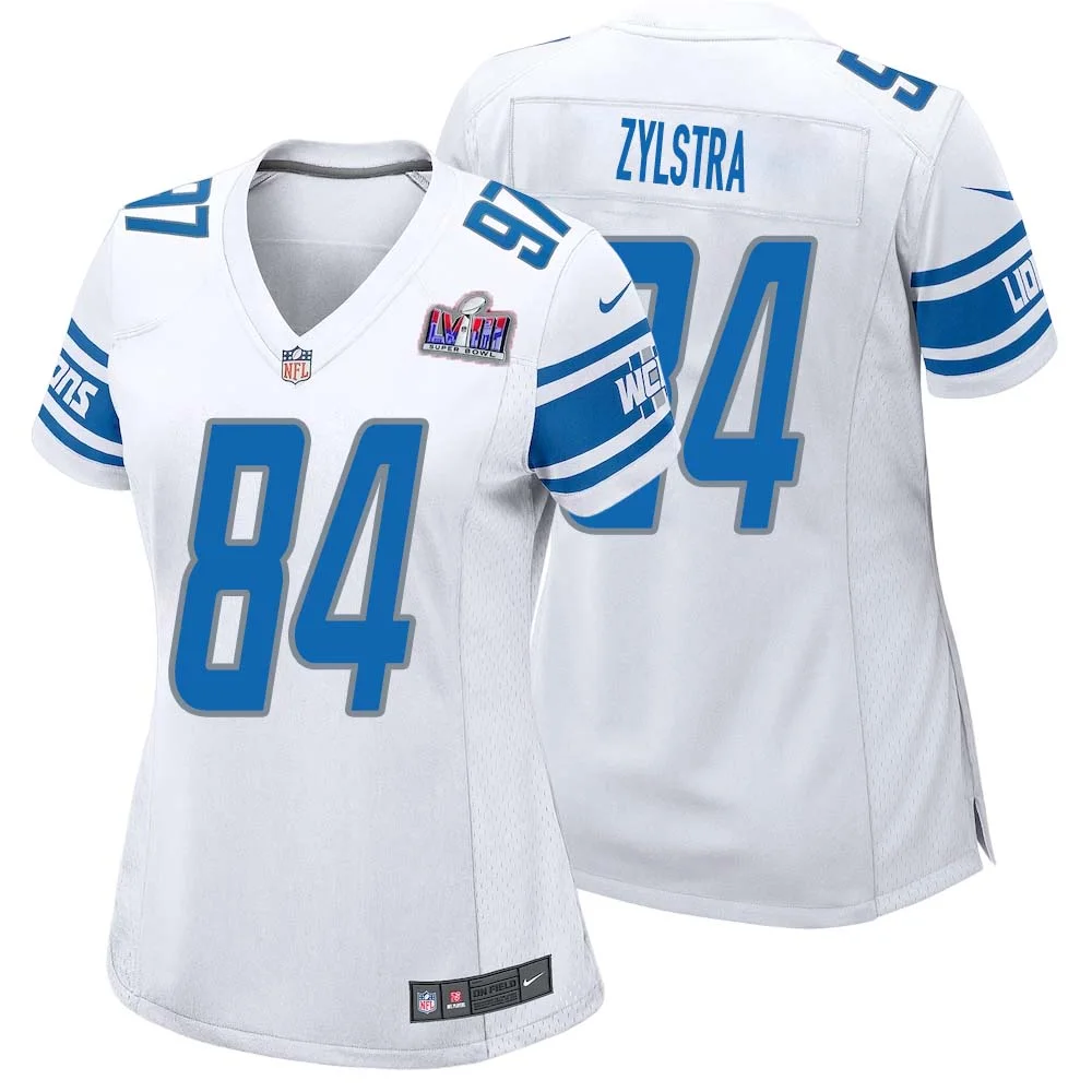Shane Zylstra No 84 Womens Custom White Detroit Lions Super Bowl LVIII Away Game Jersey