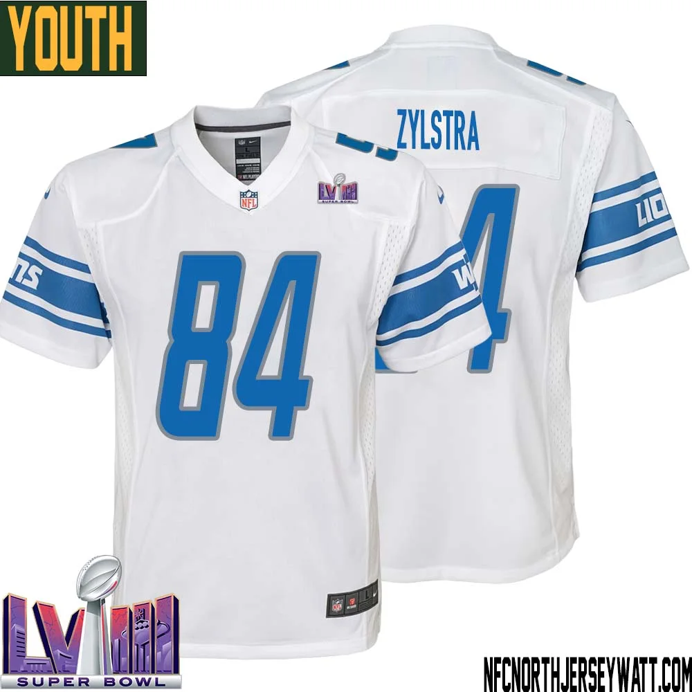 Shane Zylstra No 84 Youth White Detroit Lions Player Super Bowl LVIII Away Game Jersey 1