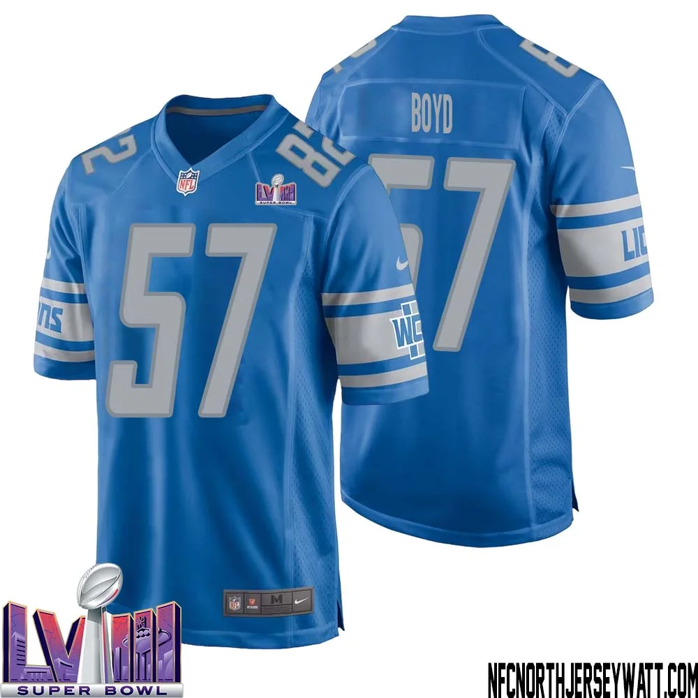 Stephen Boyd No 57 Men Blue Detroit Lions Player Super Bowl LVIII Home Game Jersey 1