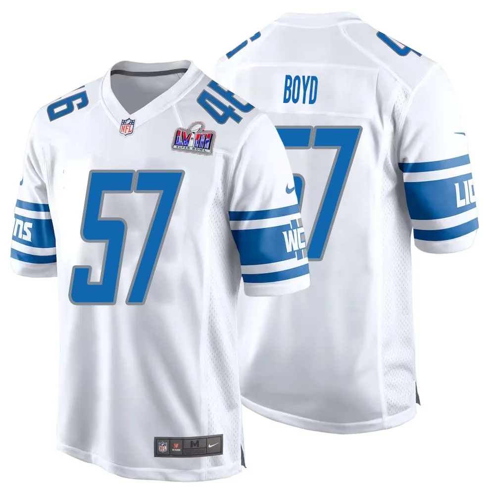 Stephen Boyd No 57 Mens Custom White Detroit Lions Super Bowl LVIII Away Game Jersey