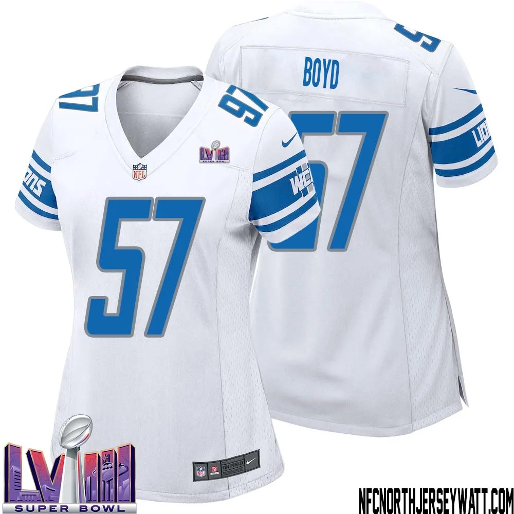 Stephen Boyd No 57 Women White Detroit Lions Player Super Bowl LVIII Away Game Jersey 1