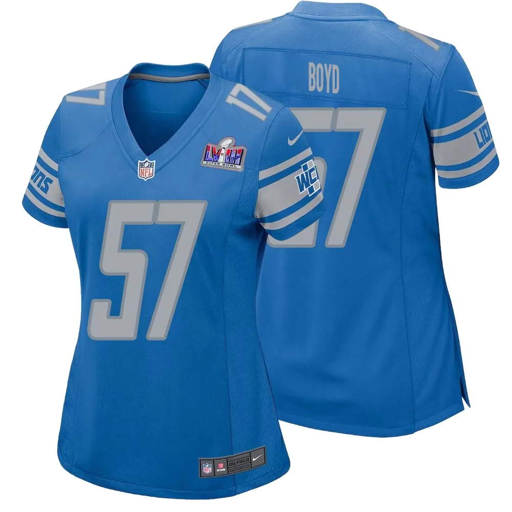 Stephen Boyd No 57 Womens Custom Blue Detroit Lions Super Bowl LVIII Player Home Game Jersey