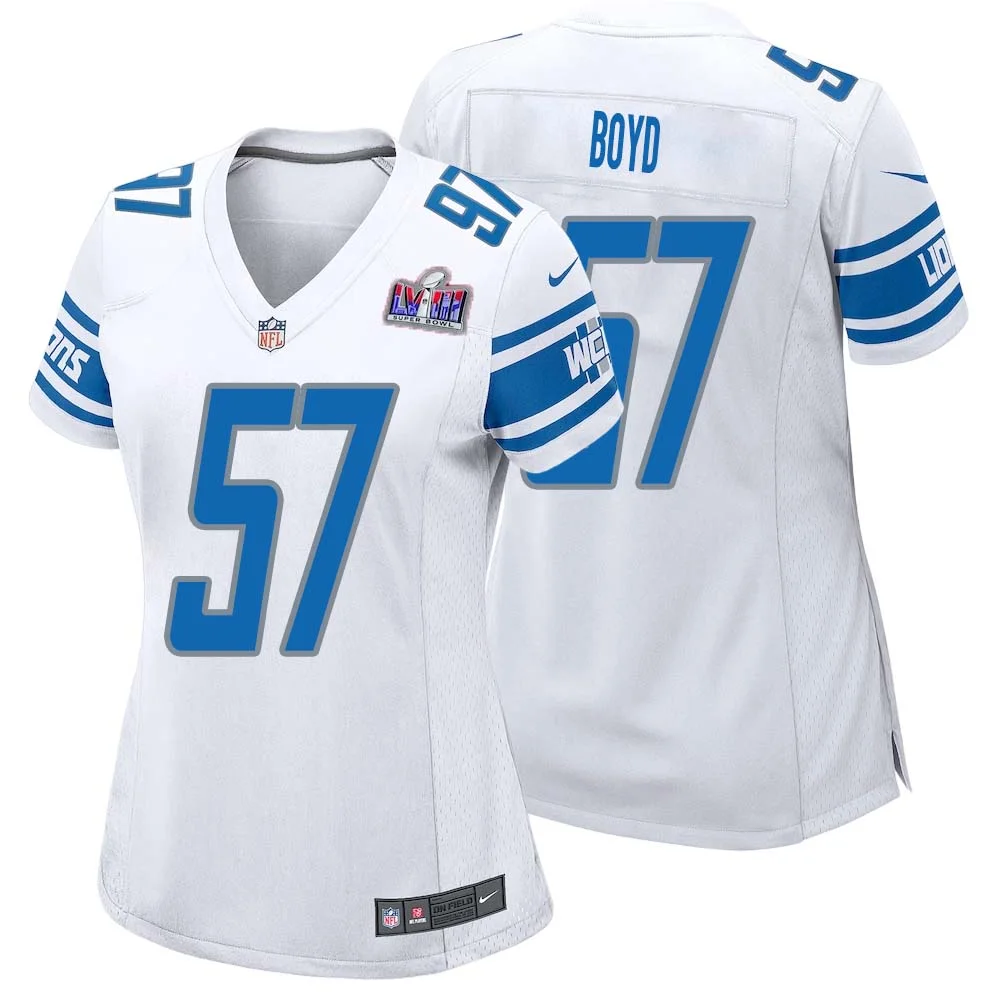 Stephen Boyd No 57 Womens Custom White Detroit Lions Super Bowl LVIII Away Game Jersey