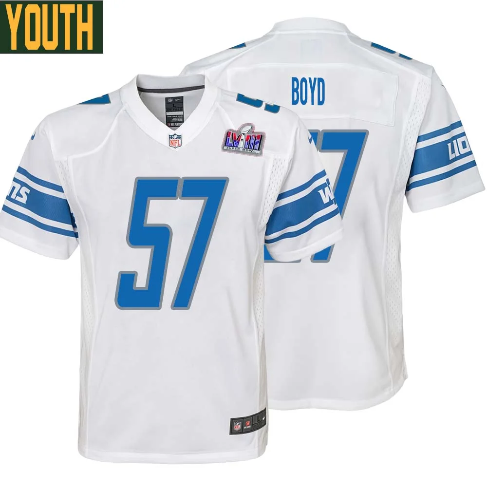Stephen Boyd No 57 Youths Custom White Detroit Lions Super Bowl LVIII Away Game Jersey
