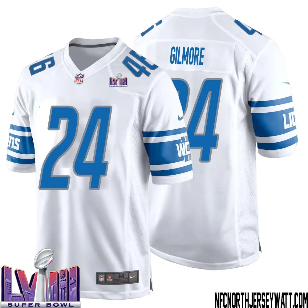 Steven Gilmore No 24 Men White Detroit Lions Player Super Bowl LVIII Away Game Jersey 1