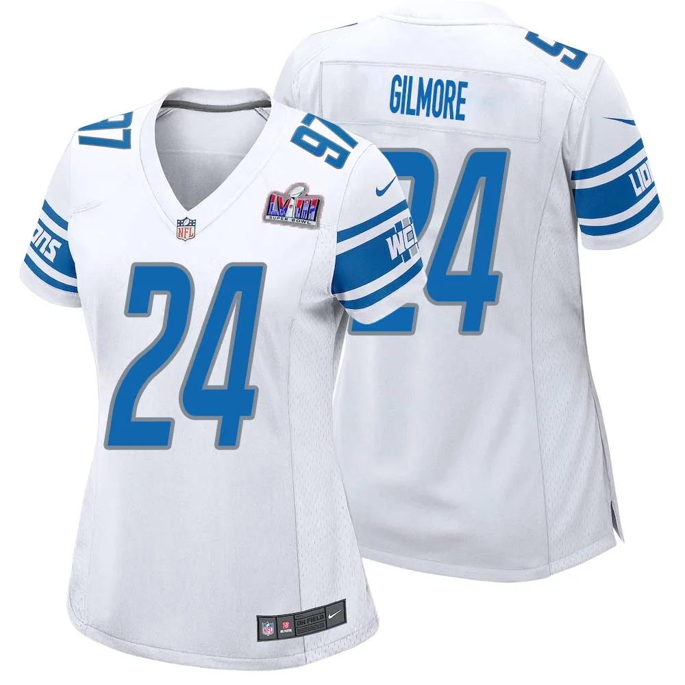 Steven Gilmore No 24 Womens Custom White Detroit Lions Super Bowl LVIII Away Game Jersey