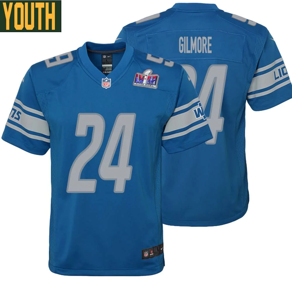 Steven Gilmore No 24 Youths Custom Blue Detroit Lions Super Bowl LVIII Player Home Game Jersey