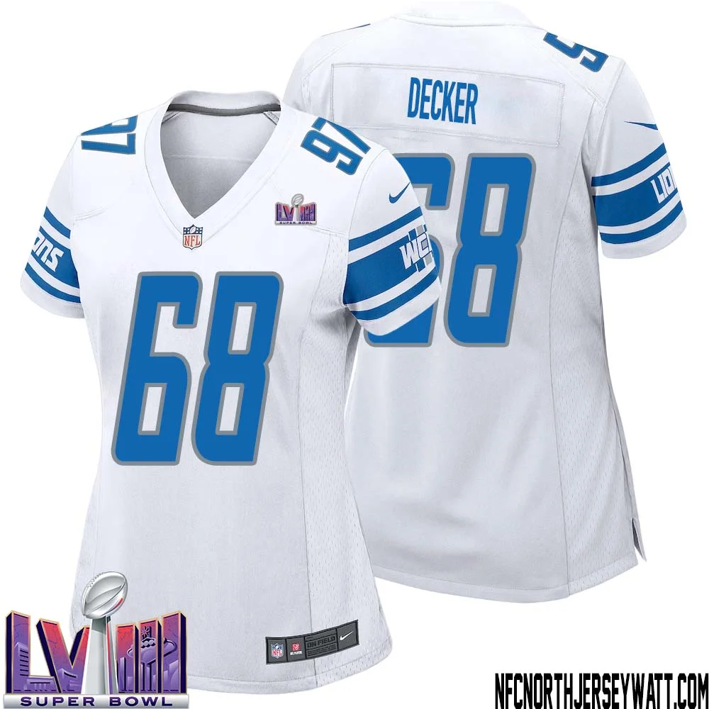 Taylor Decker No 68 Women White Detroit Lions Player Super Bowl LVIII Away Game Jersey