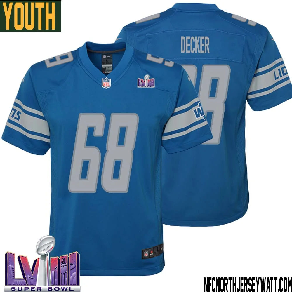 Taylor Decker No 68 Youth Blue Detroit Lions Player Super Bowl LVIII Home Game Jersey 1
