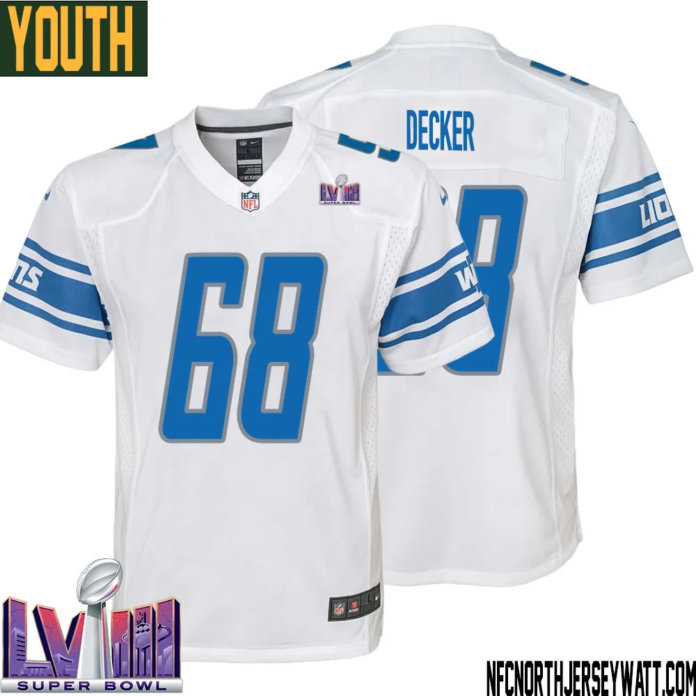 Taylor Decker No 68 Youth White Detroit Lions Player Super Bowl LVIII Away Game Jersey 1
