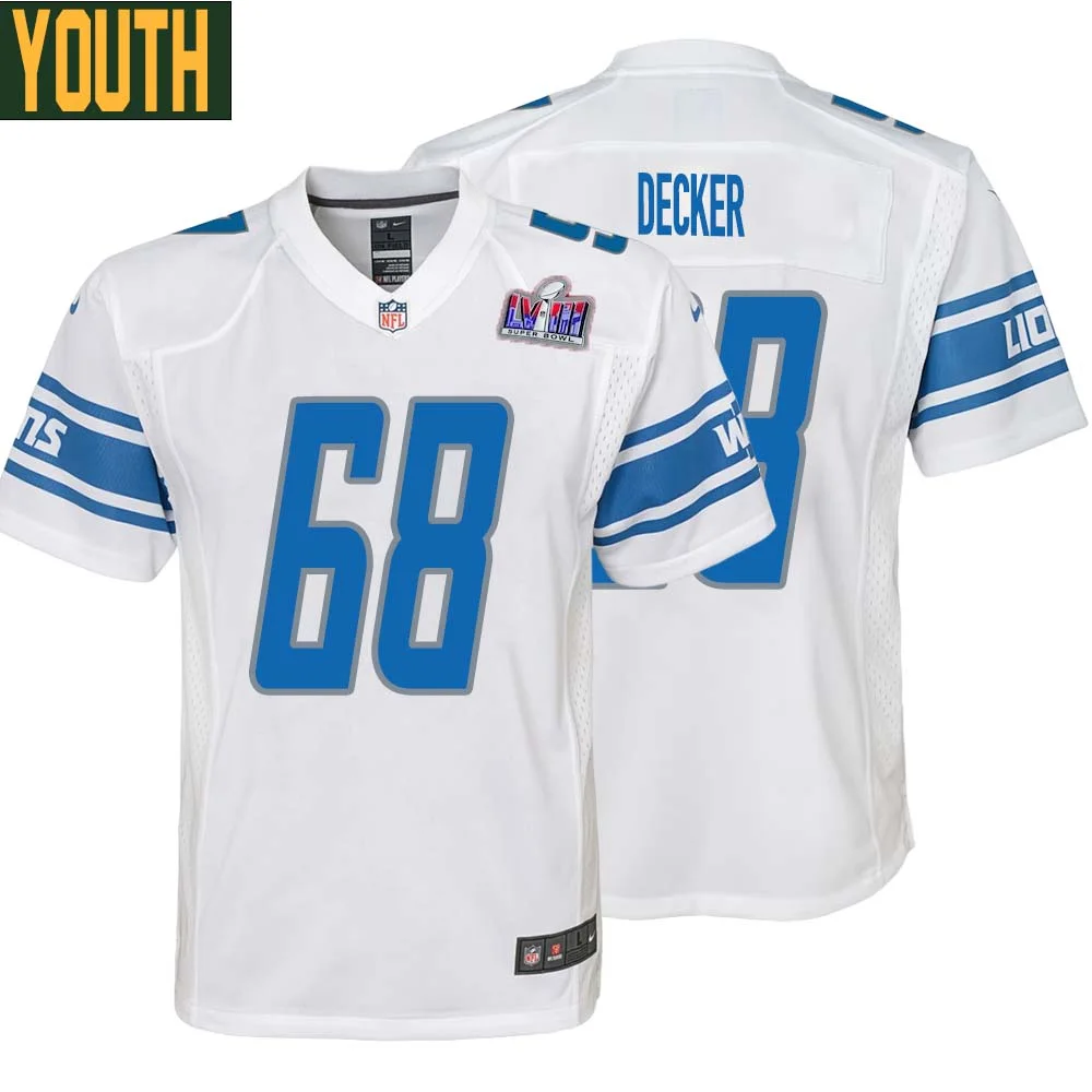 Taylor Decker No 68 Youths Custom White Detroit Lions Super Bowl LVIII Away Game Jersey