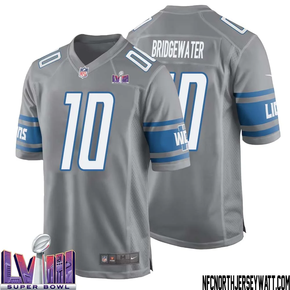 Teddy Bridgewater No 10 Men Grey Detroit Lions Player Super Bowl LVIII Alternate Game Jersey 1