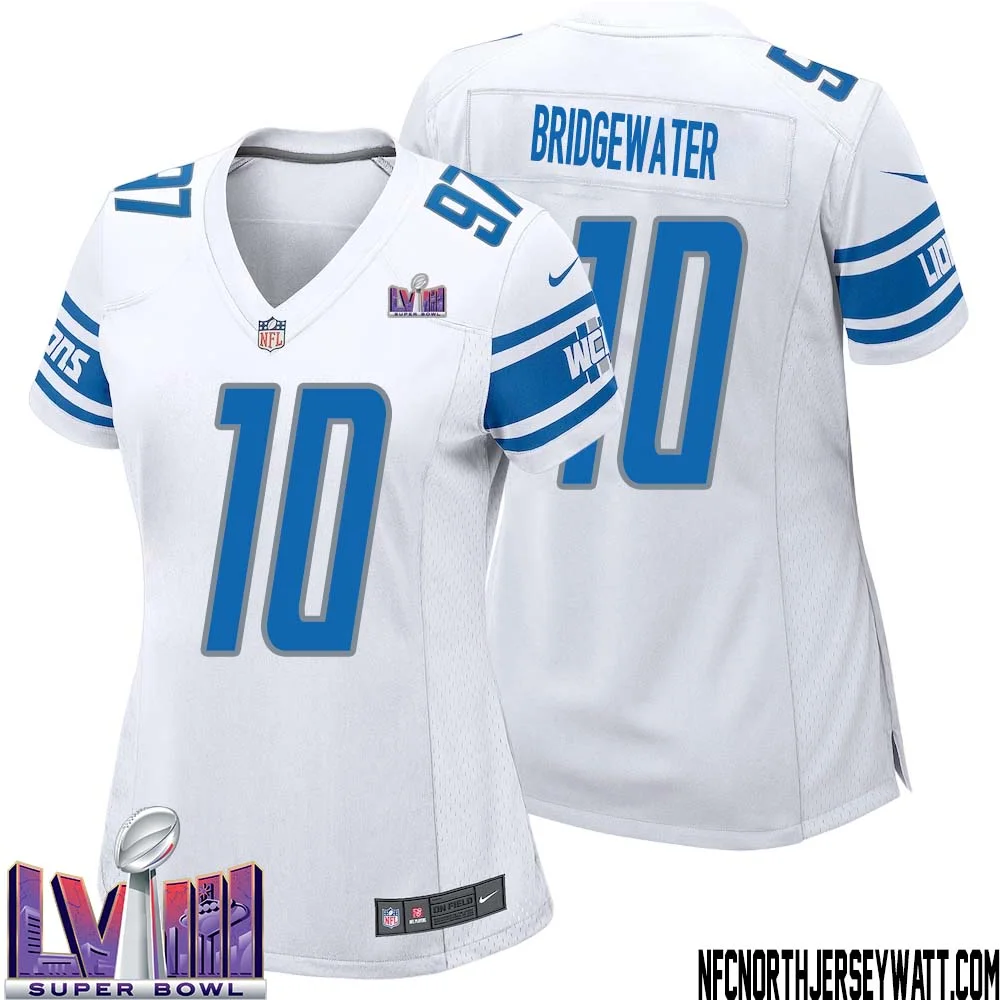 Teddy Bridgewater No 10 Women White Detroit Lions Player Super Bowl LVIII Away Game Jersey 1