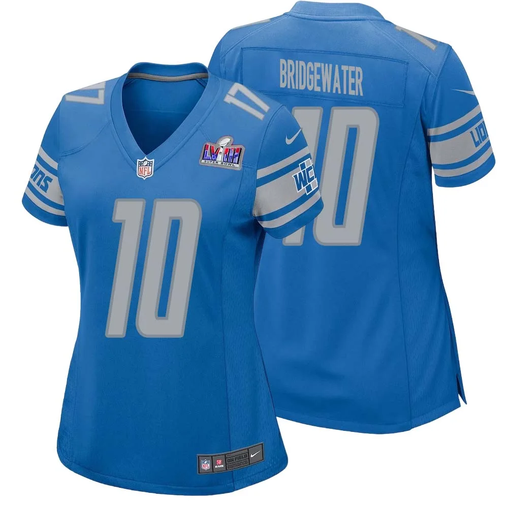 Teddy Bridgewater No 10 Womens Custom Blue Detroit Lions Super Bowl LVIII Player Home Game Jersey