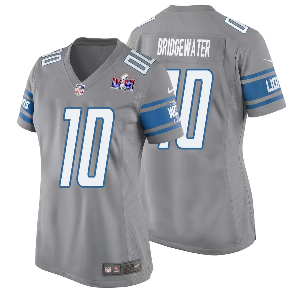 Teddy Bridgewater No 10 Womens Custom Gray Detroit Lions Alternate Super Bowl LVIII Game Jersey
