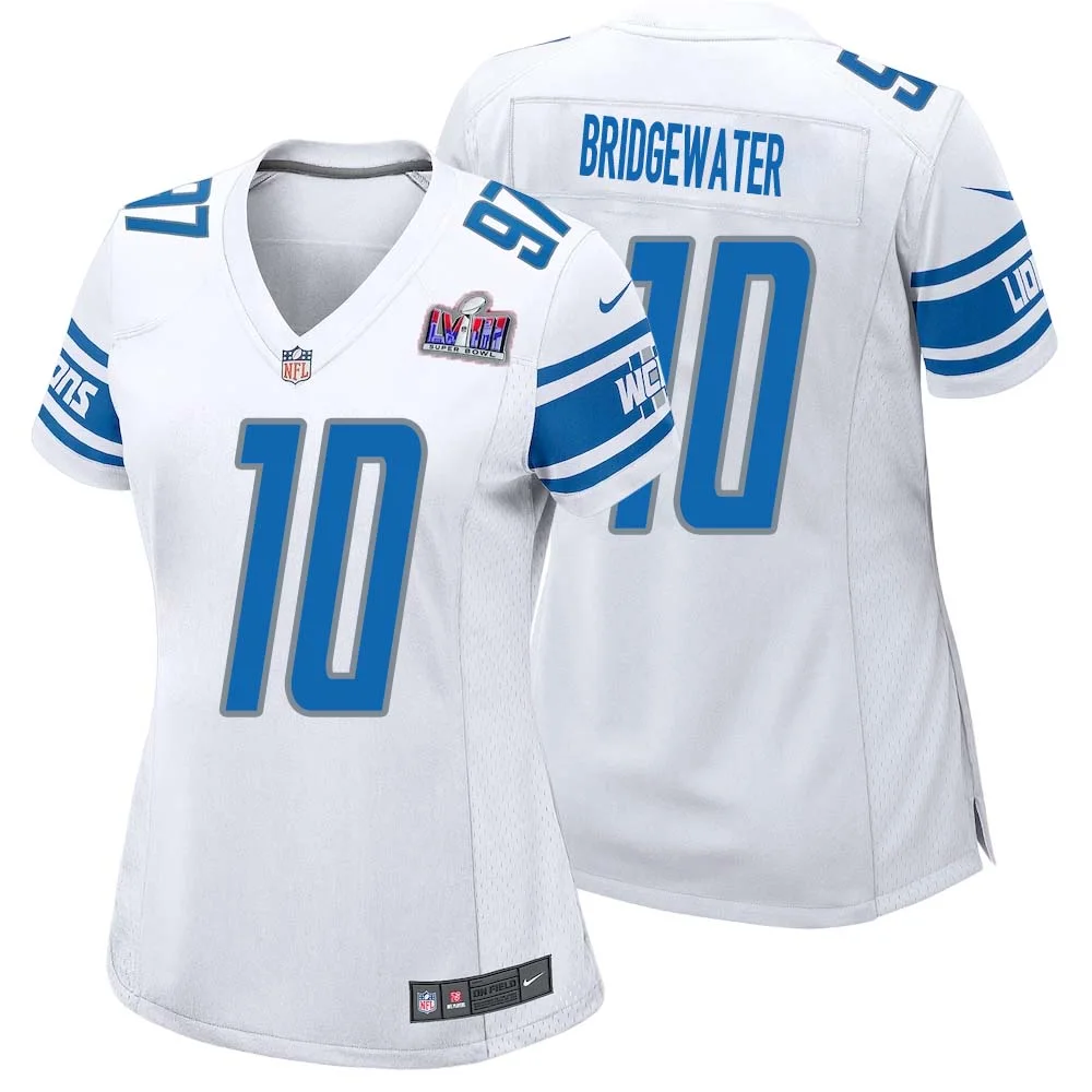 Teddy Bridgewater No 10 Womens Custom White Detroit Lions Super Bowl LVIII Away Game Jersey