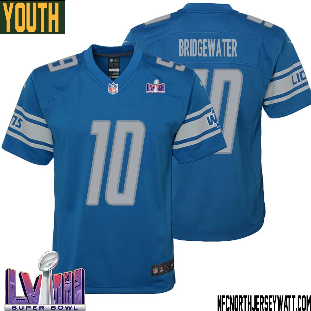 Teddy Bridgewater No 10 Youth Blue Detroit Lions Player Super Bowl LVIII Home Game Jersey