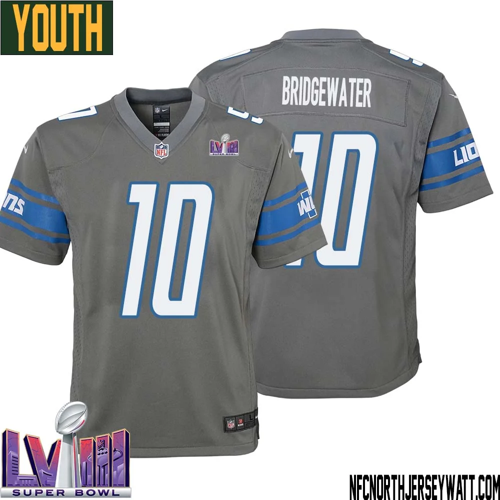 Teddy Bridgewater No 10 Youth Grey Detroit Lions Player Super Bowl LVIII Alternate Game Jersey 1