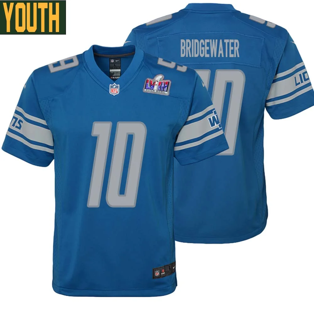 Teddy Bridgewater No 10 Youths Custom Blue Detroit Lions Super Bowl LVIII Player Home Game Jersey
