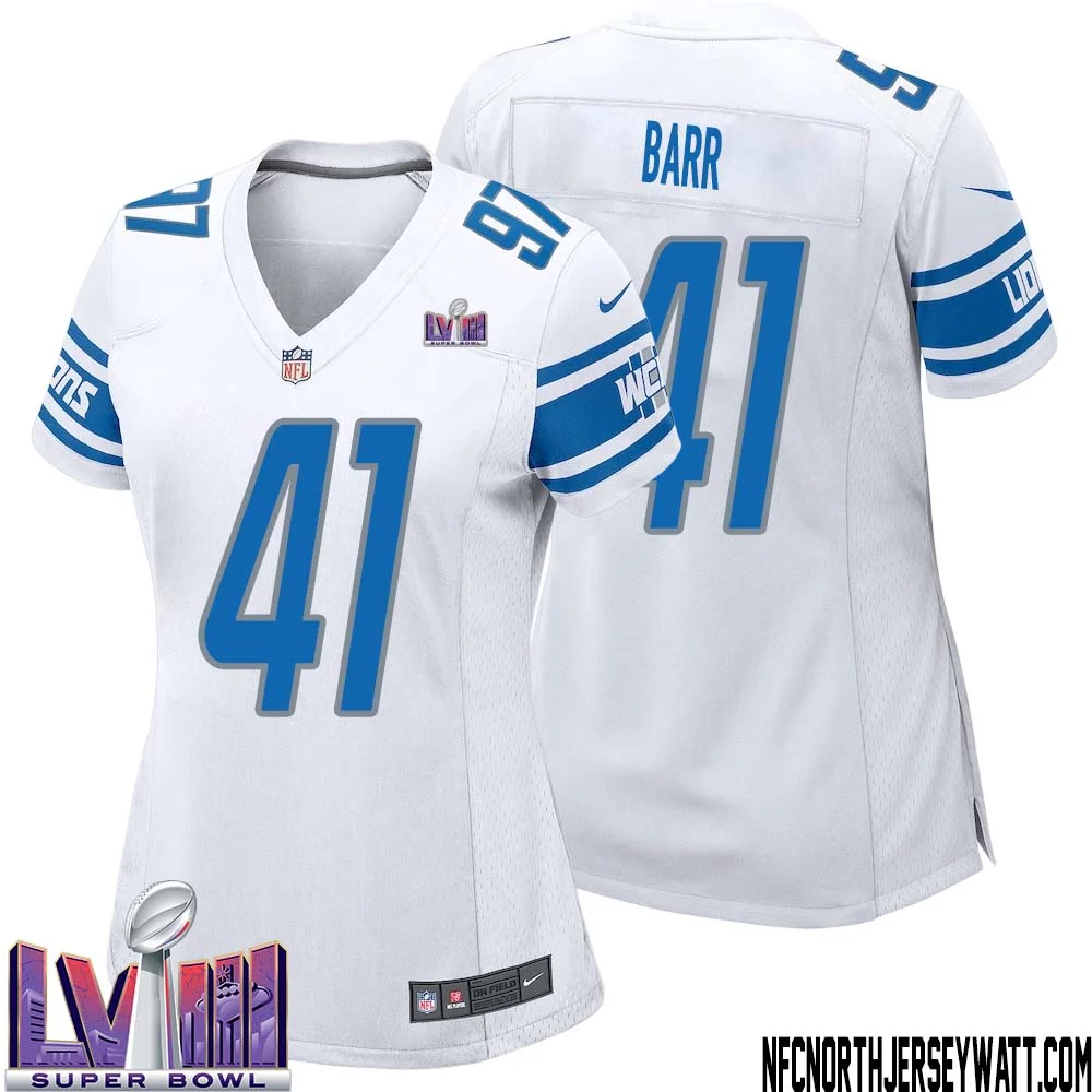 Terry Barr No 41 Women White Detroit Lions Player Super Bowl LVIII Away Game Jersey