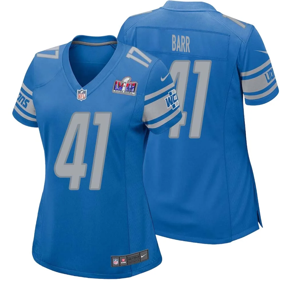 Terry Barr No 41 Womens Custom Blue Detroit Lions Super Bowl LVIII Player Home Game Jersey