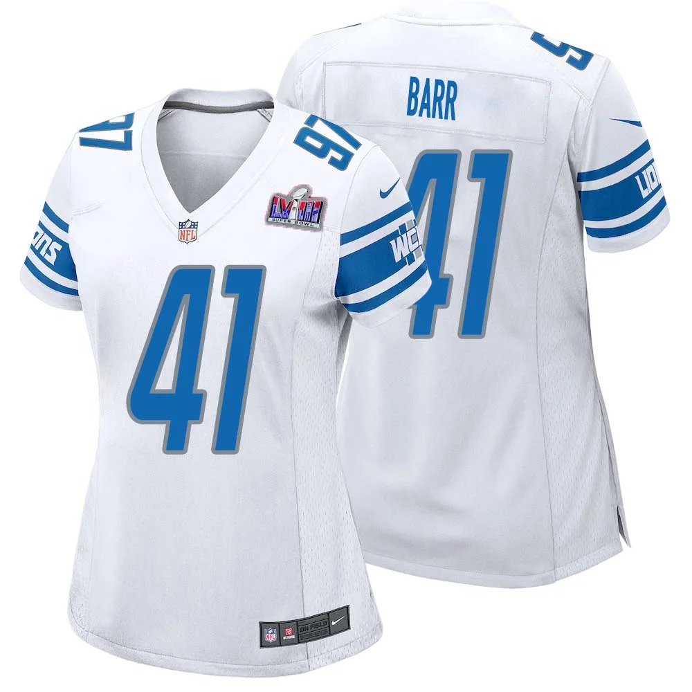 Terry Barr No 41 Womens Custom White Detroit Lions Super Bowl LVIII Away Game Jersey