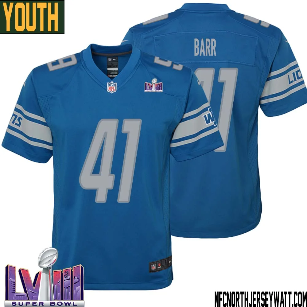Terry Barr No 41 Youth Blue Detroit Lions Player Super Bowl LVIII Home Game Jersey