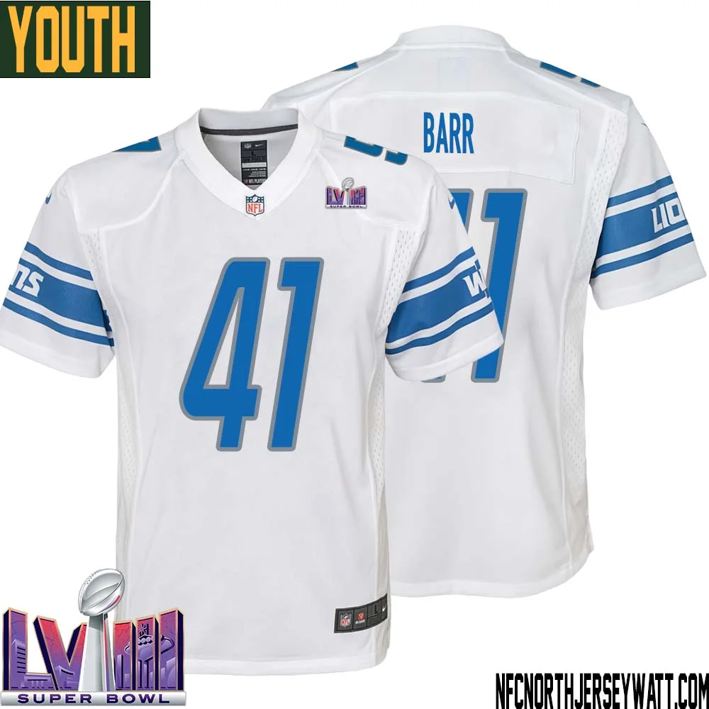 Terry Barr No 41 Youth White Detroit Lions Player Super Bowl LVIII Away Game Jersey