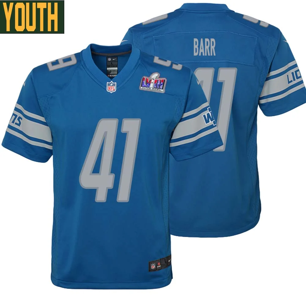 Terry Barr No 41 Youths Custom Blue Detroit Lions Super Bowl LVIII Player Home Game Jersey