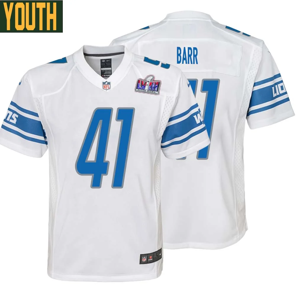 Terry Barr No 41 Youths Custom White Detroit Lions Super Bowl LVIII Away Game Jersey