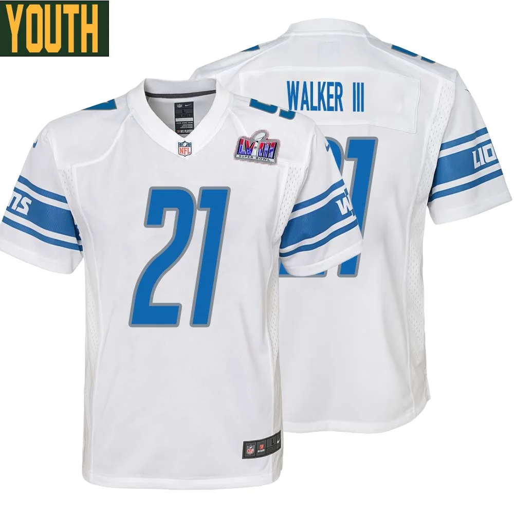 Tracy Walker III No 21 Youths Custom White Detroit Lions Super Bowl LVIII Away Game Jersey