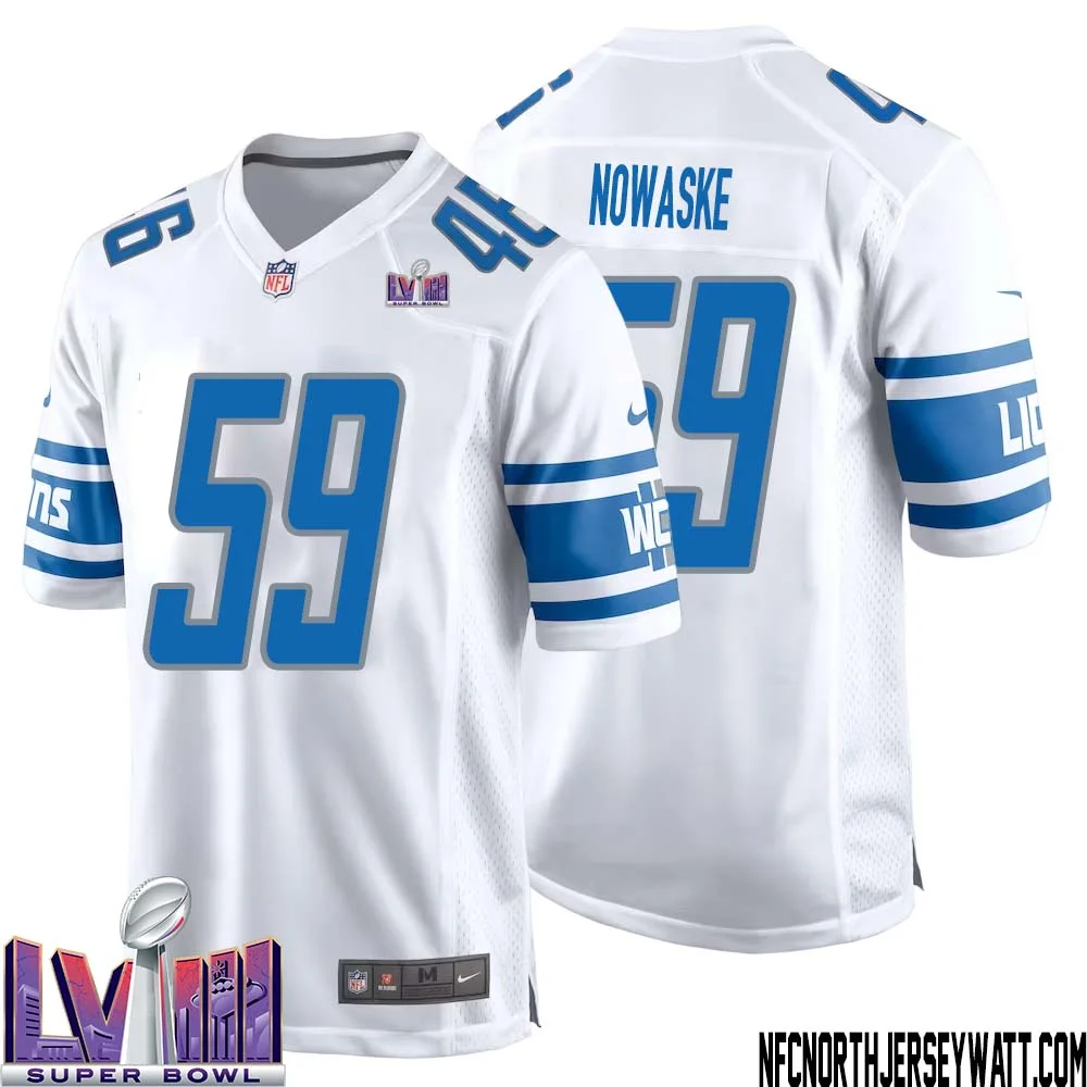 Trevor Nowaske No 59 Men White Detroit Lions Player Super Bowl LVIII Away Game Jersey 1