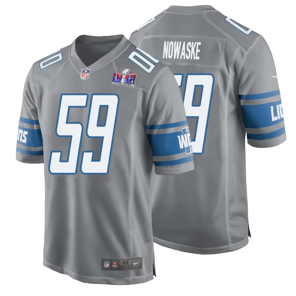 Trevor Nowaske No 59 Mens Custom Gray Detroit Lions Alternate Super Bowl LVIII Game Jersey