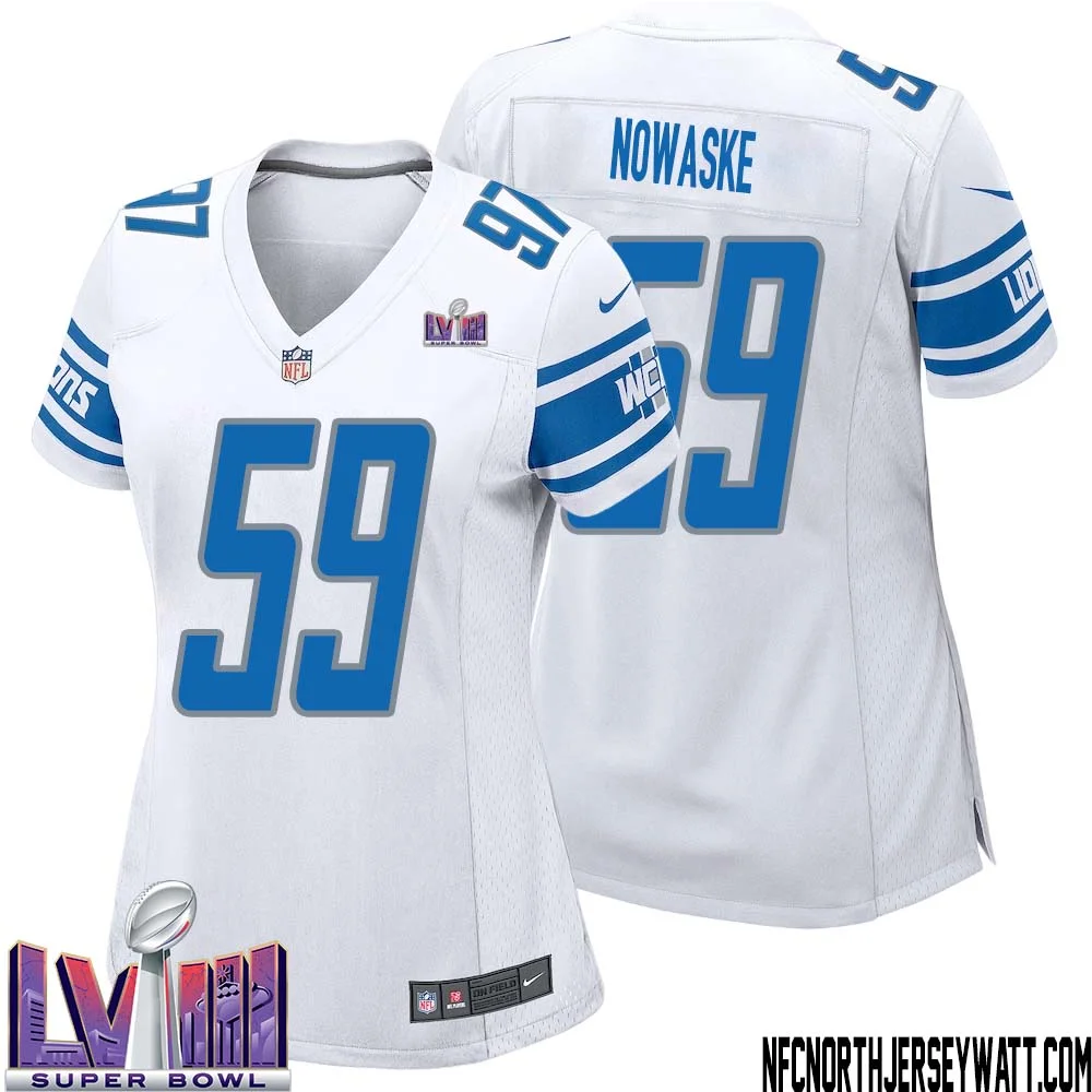 Trevor Nowaske No 59 Women White Detroit Lions Player Super Bowl LVIII Away Game Jersey 1