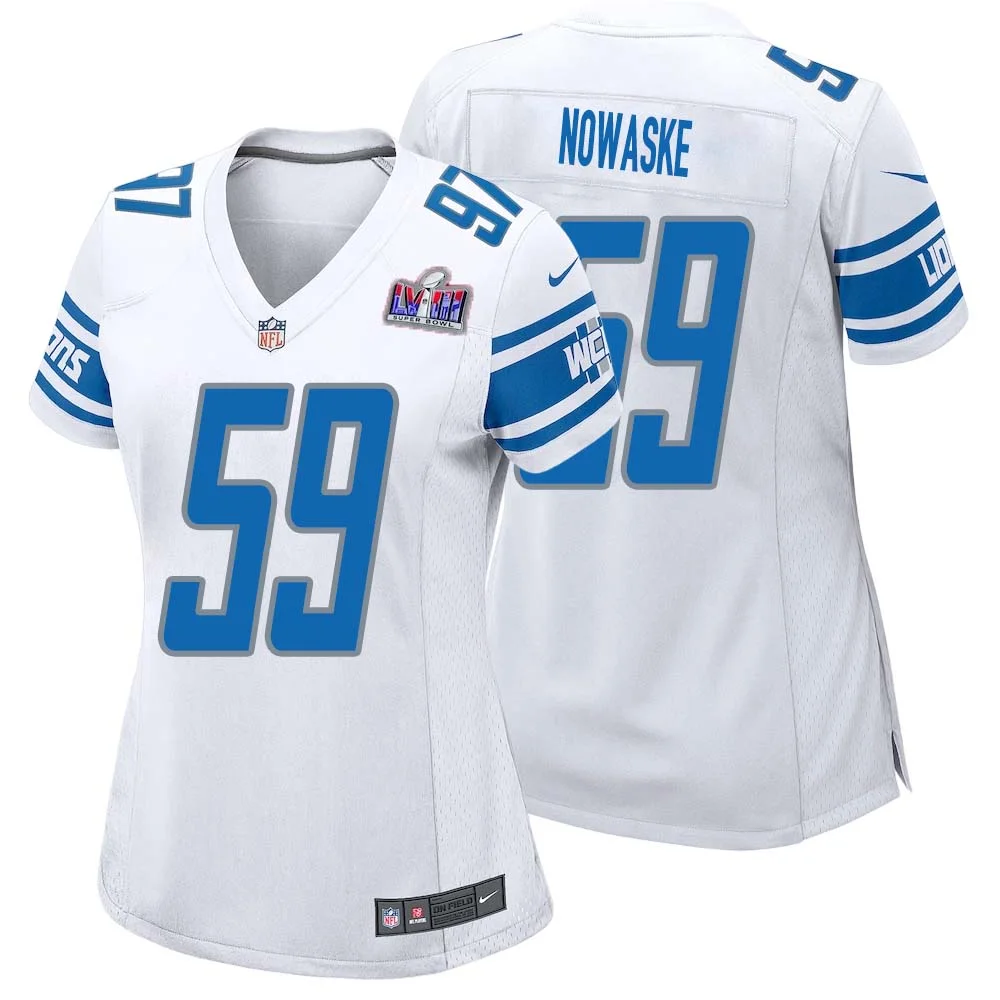 Trevor Nowaske No 59 Womens Custom White Detroit Lions Super Bowl LVIII Away Game Jersey
