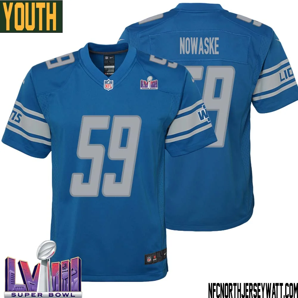 Trevor Nowaske No 59 Youth Blue Detroit Lions Player Super Bowl LVIII Home Game Jersey