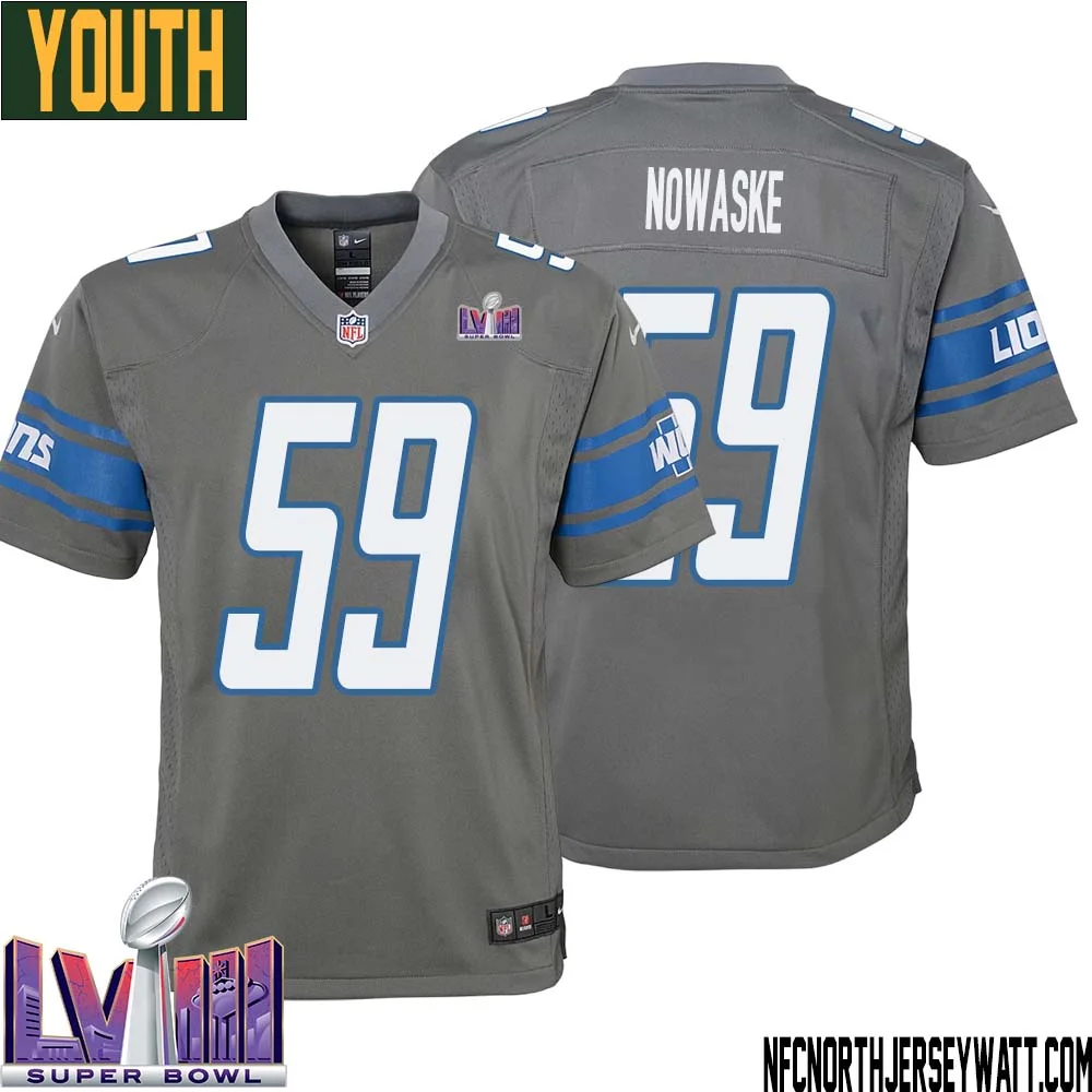 Trevor Nowaske No 59 Youth Grey Detroit Lions Player Super Bowl LVIII Alternate Game Jersey