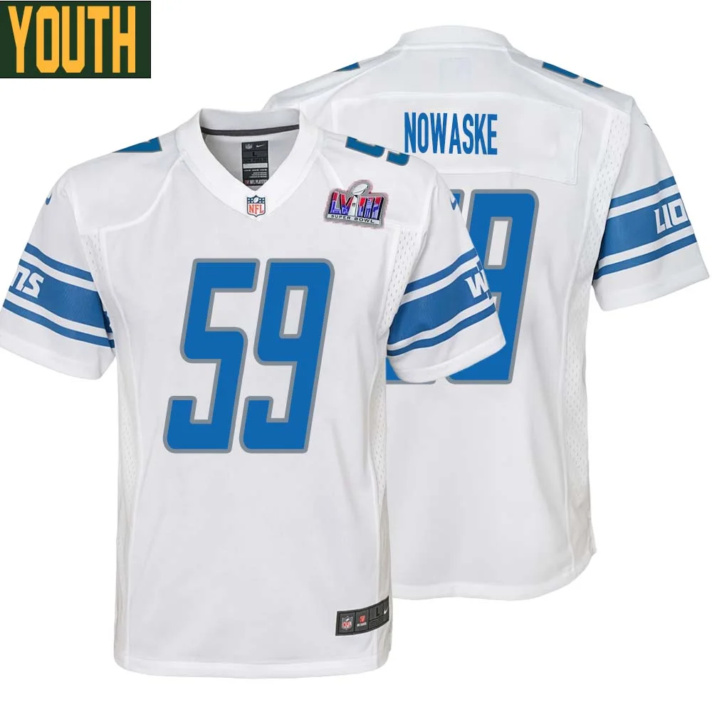 Trevor Nowaske No 59 Youths Custom White Detroit Lions Super Bowl LVIII Away Game Jersey