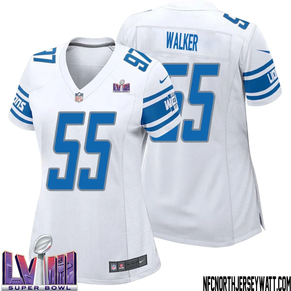 Wayne Walker No 55 Women White Detroit Lions Player Super Bowl LVIII Away Game Jersey 1