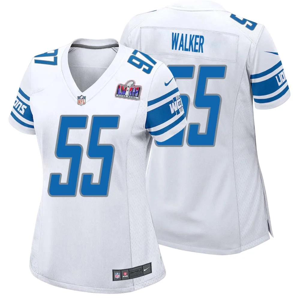 Wayne Walker No 55 Womens Custom White Detroit Lions Super Bowl LVIII Away Game Jersey