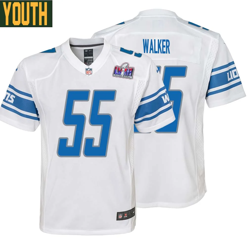 Wayne Walker No 55 Youths Custom White Detroit Lions Super Bowl LVIII Away Game Jersey