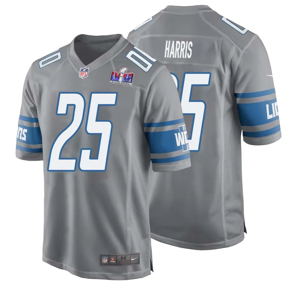 Will Harris No 25 Mens Custom Gray Detroit Lions Alternate Super Bowl LVIII Game Jersey