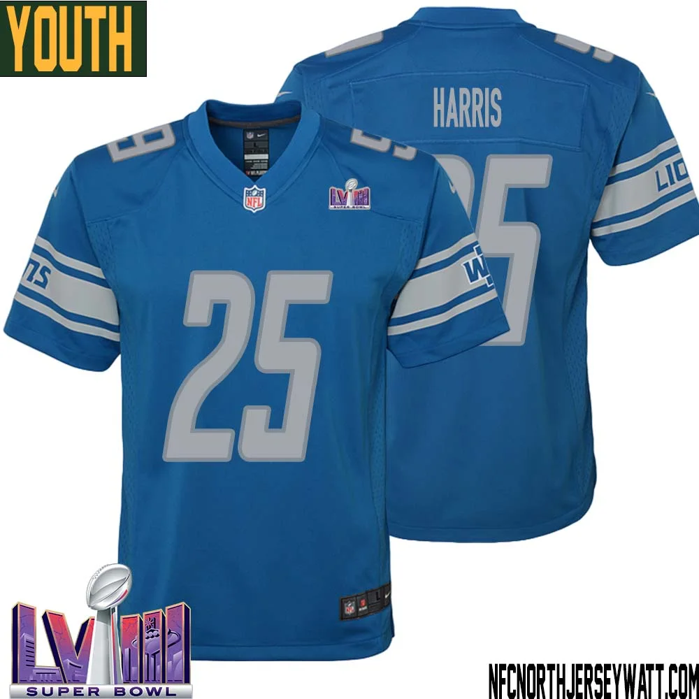 Will Harris No 25 Youth Blue Detroit Lions Player Super Bowl LVIII Home Game Jersey 1