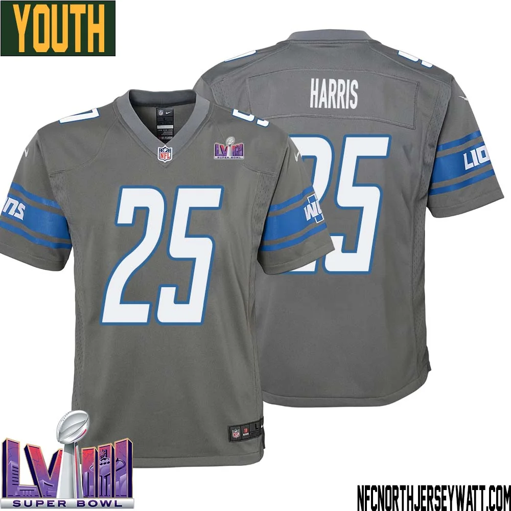 Will Harris No 25 Youth Grey Detroit Lions Player Super Bowl LVIII Alternate Game Jersey 1