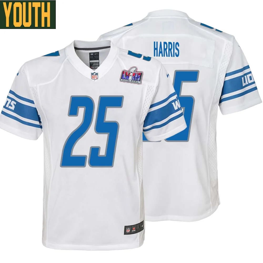 Will Harris No 25 Youths Custom White Detroit Lions Super Bowl LVIII Away Game Jersey