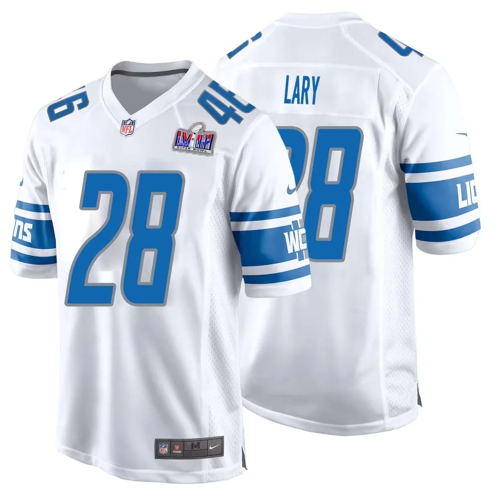 Yale Lary No 28 Mens Custom White Detroit Lions Super Bowl LVIII Away Game Jersey